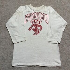 Vtg 70s Wisconsin Badgers Shirt Mens Medium Bucky 3/4 Sleeve Cotton Jersey 1970s